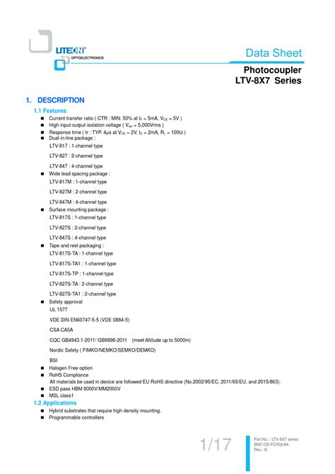 Photocoupler. LTV-8X7 Series. 1. DESCRIPTION. 1.1 Features. 1.2 Applications - Datasheet LTV-817 ...