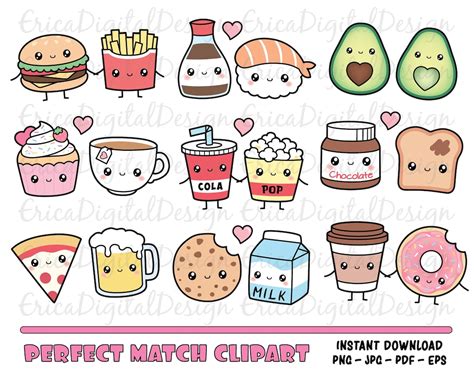 Perfect Match Kawaii Clipart Set Cute Food Clip Art Friendship Best ...