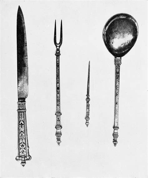 Table-set of knife, fork, spoon and toothpick, silver. South German work. | Wellcome Collection