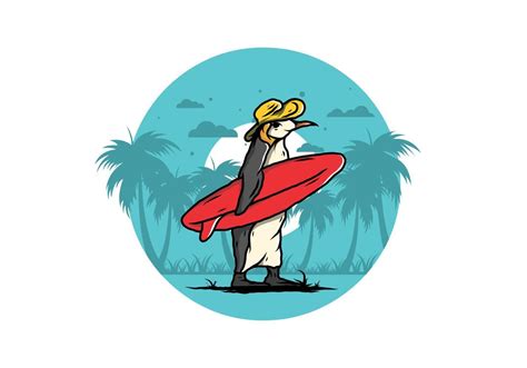 Cute penguin carrying a surfboard on the beach illustration 8324164 ...