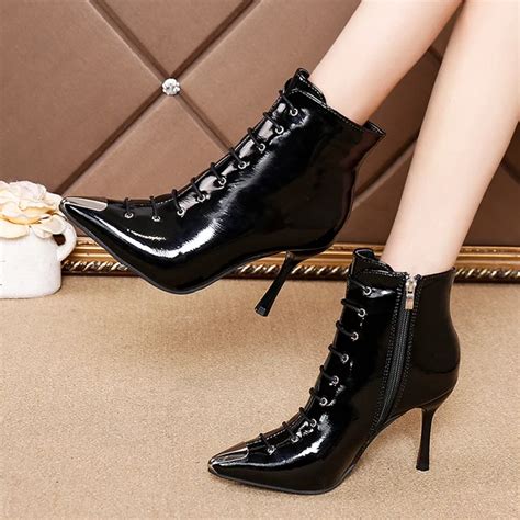 Lucyever High Heel Boots Woman Patent Leather Ankle Boots Sexy Pointed Toe Cross tied Thin Heels ...