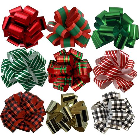 Christmas Gift Wrap Pull Bows - 5" Wide, Set of 9, Metallic Red, Green, Gold, Stripes, Plaid ...