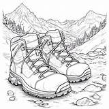 Simple Coloring Page Of Hiking Boots In A Mountain Scene Stock  sketch template