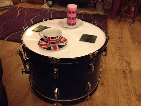 Upcycled bass drum coffee table with gloss white wooden top. Blue wrap. Drum Coffee Table, Drum ...