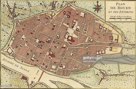 Map of the town of Rouen (France). In the 17th century. Coloured ...