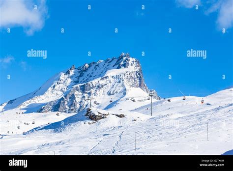 Panorama view of the Pennine Alps on the Italian-Swiss border near Zermatt, Switzerland. A ...