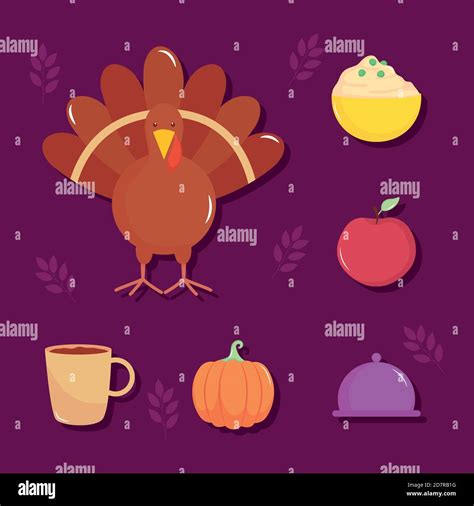 turkey and thanksgiving icon set over purple background, flat style, vector illustration Stock ...