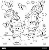 Children With Butterfly Nets Catching Butterflies Vector Black And  sketch template