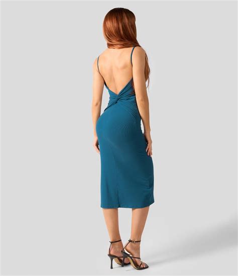 Women’s Ribbed Knit Backless Twisted Bodycon Midi Casual Dress - HALARA