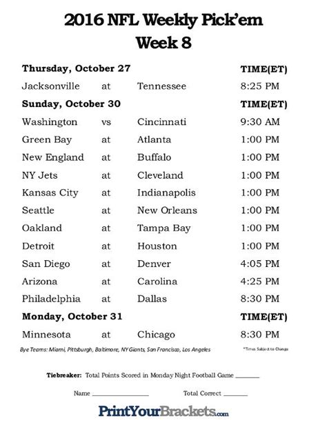 Printable Week 8 NFL Schedule Pick Em Sheets | Football pool, Nfl ...