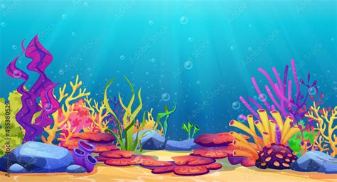 Corals and algae underwater world, sea bottom cartoon background. Vector seaweeds and stones ...