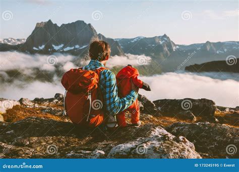 Family Father and Child Travel Vacation Hiking in Mountains Active Healthy Lifestyle Stock Image ...