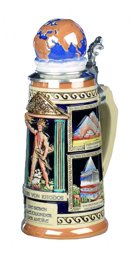 German Beer Stein the seven wonders of the antique world, globelid Stein 0.75 liter tankard ...