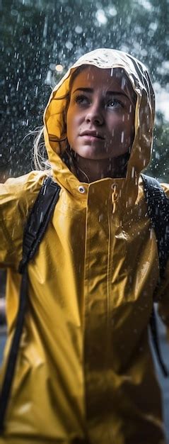 Premium AI Image | A woman wearing a yellow raincoat and a hood