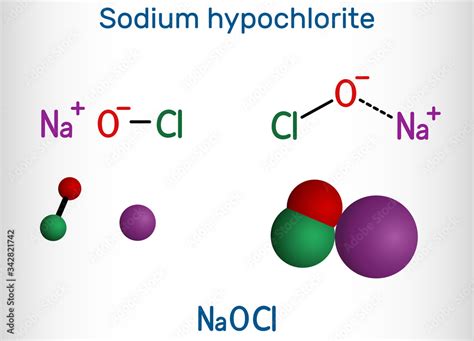 Sodium hypochlorite, NaOCl molecule. It contains a sodium cation and a ...