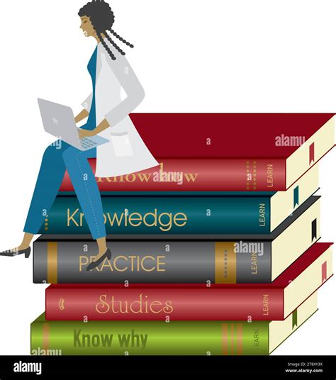 Woman, doctor, nurse, scientist sitting on a pile of books. Isolated. Vector illustration Stock ...