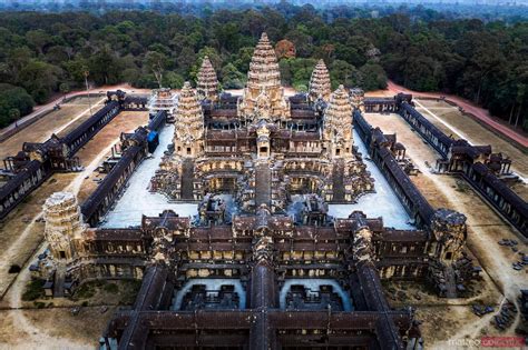 - Aerial view of Angkor Wat temple complex at sunset, Cambodia ...