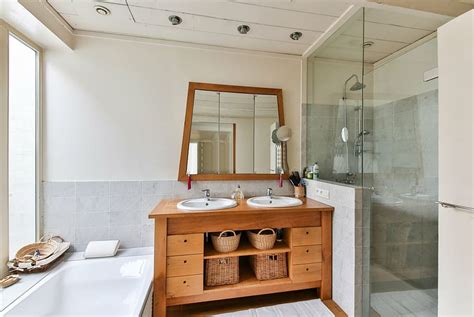 brown, wooden, bathroom rack, sink, bathroom, wood furniture, shower, modern bathtub, decoration ...