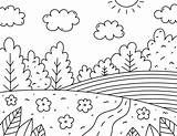 Cute Kids coloring Page Landscape With Clouds Trees Bushes Flowers  sketch template