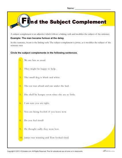 5Th Grade Subject Complement Worksheet - Grammar Subject Complements Worksheet By Eden Of ...