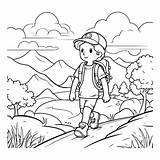 Premium Vector  Coloring Page Outline Of A Boy hiking In The mountains sketch template
