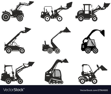 Set skid steer loaders silhouette heavy Royalty Free Vector