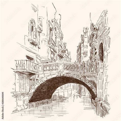 Vecteur Stock Street of the old city of Venice. Ancient buildings, water canal and stone bridge ...