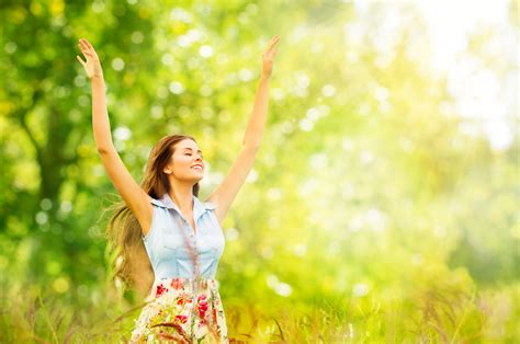 Outdoor Portrait of Beautiful Young Woman in Nature. Happy Girl Raised Arms Up in Summer Green ...