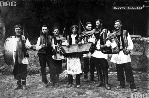 Ukrainian Hutsuls in traditional dress. Old prewar photograph, 1918-1935. Hutsuls are western ...