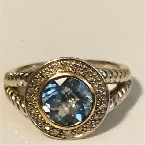 Vintage Sterling Silver Ring Faceted Large Aquamarine Statement Ring with CZ's around center ...