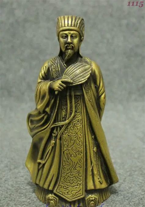 7" Chinese Copper Military Affairs Strategist God ZhuGe Liang Fan Statue-in Statues & Sculptures ...