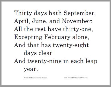 Thirty days hath September, April, June, and November; All the rest have thirty-one, Excepting ...