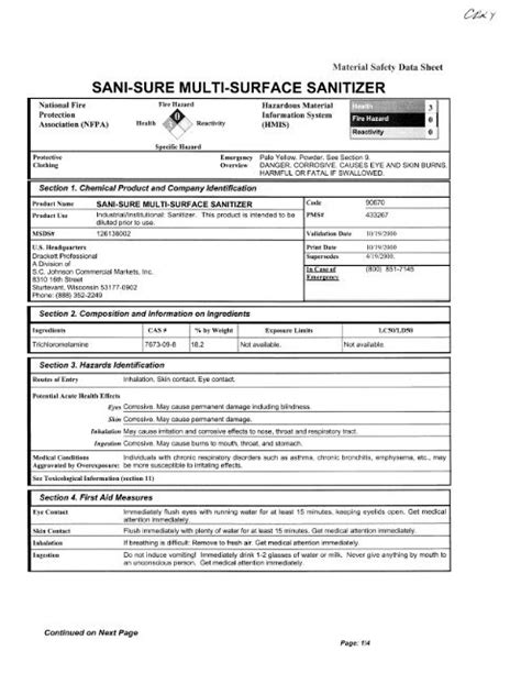 sani-sure multi-surface sanitizer - Material Safety Data Sheet