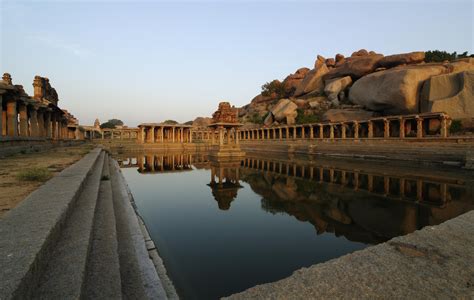 Vijayanagara Empire : Market place at Hampi, sacred tank located near Krishna temple. Large ...