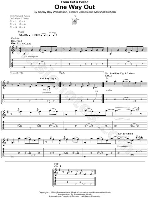 The Allman Brothers Band "One Way Out" Guitar Tab in G Major - Download & Print - SKU: MN0085206