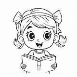 Dibujo De Niña Con Un Libro Para Leer Colorear Esquema Página Vector  sketch template