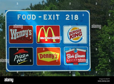 Exit 218 Food sign. Wendy's. McDonald's. Burger King. Pizza Hut. Denny's. Bob Evans. Northbound ...