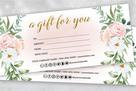 Floral Gift Certificate Template, Watercolor Floral Gift Voucher, Flowers Pink Gift Certificate ...