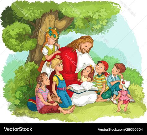 Jesus reading bible with children Royalty Free Vector Image