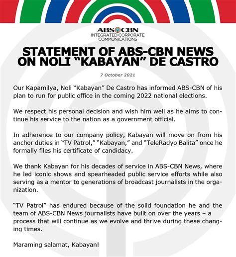 Statement of ABS-CBN News on Noli “Kabayan” De Castro