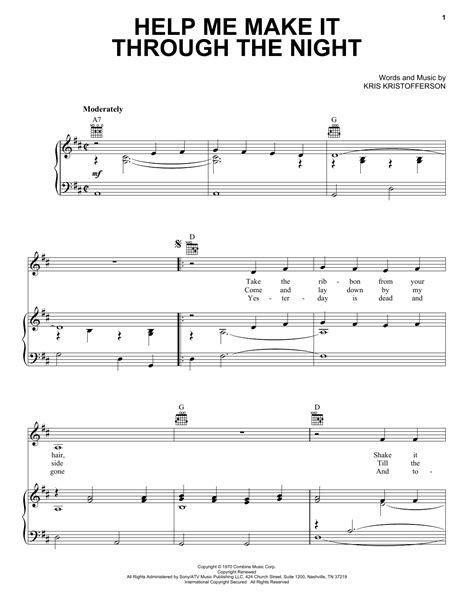 Kris Kristofferson "Help Me Make It Through The Night" Sheet Music Notes | Download Printable ...