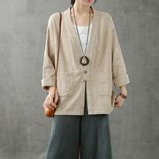 DIY beige shirts women v neck pockets Plus Size Clothing shirt - SooLinen