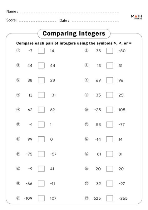 7th Grade Integers Worksheets - Math Monks