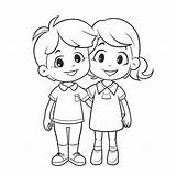 행복한 귀여운 아이 개요 스케치의  그림과 함께 어린이 색칠 페이지 벡터 남동생 그림 형제 자매 스케치  sketch template