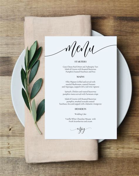 Wedding Menu Template Printable Menu Card 5x7 Wedding | Etsy