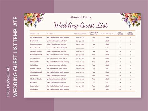 Casual Wedding Guest List Free Google Sheets Template by Free Google ...