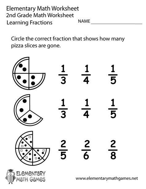 Free Printable Learning Fractions Worksheet for Second Grade