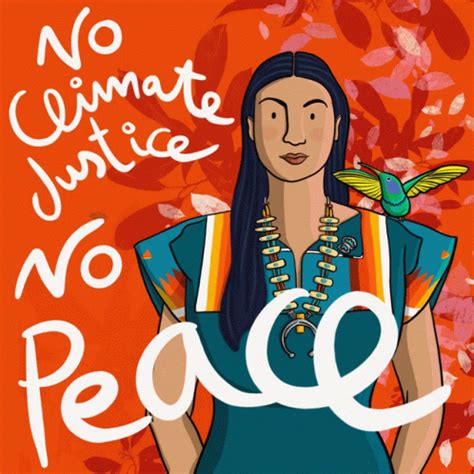 an illustration of a native american woman holding a humming in her hand and the words no climate