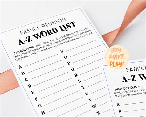 Family Reunion A-Z Word List Family Gathering Printable - Etsy