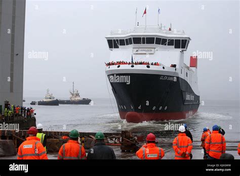 The ferry MV Glen Sannox travels down slipway at its launch ceremony for the liquefied natural ...